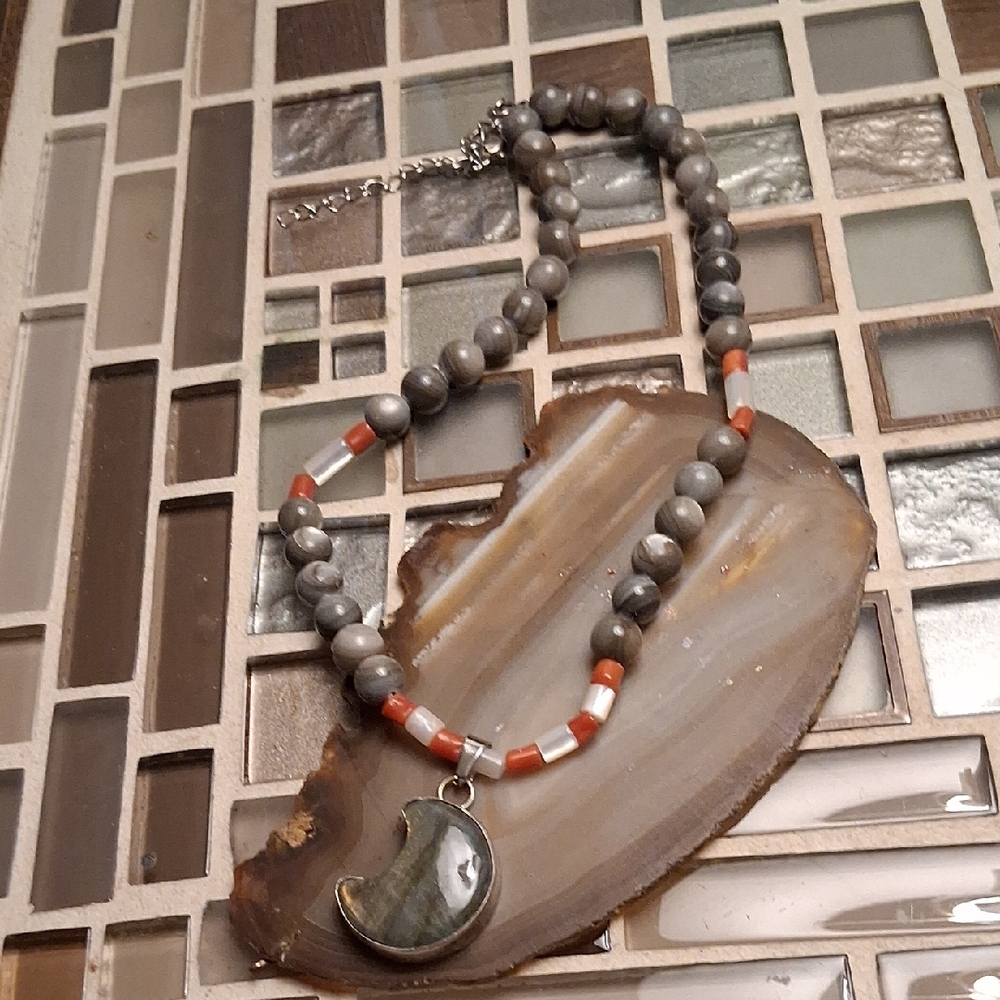 Gray and Orange Beaded Necklace